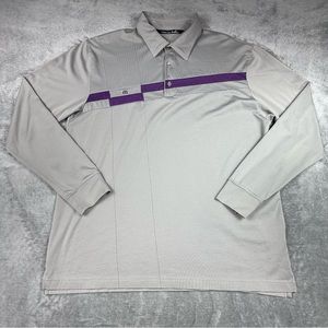 Travis Mathew Polo Shirt Mens XL Gray Purple Stripe Pima Cotton Golf Long Sleeve